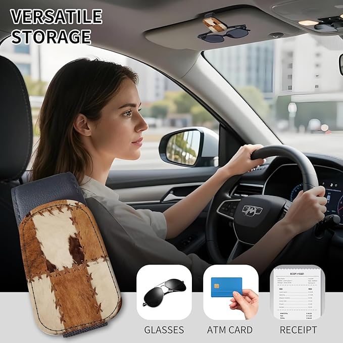 Sunglasses Holder for Car Visor, PU Leather Glasses Clip Organizer, Cute Magnetic Eyeglass Holder for Vehicle Sun Visor, Car Interior Accessory for Women & Men Retro Cow Patch Print