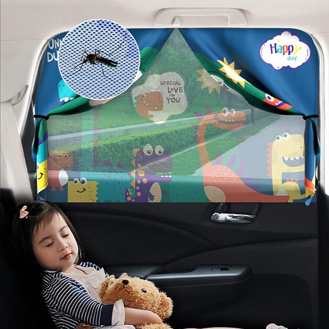 Car Sun Shade for Baby - EOHMAK Car Side Window Sun Shade Cover Upgrade Double Opening Car Interior Curtain Sun Blocker Blind (Dinosaur Family, 2 Pack)
