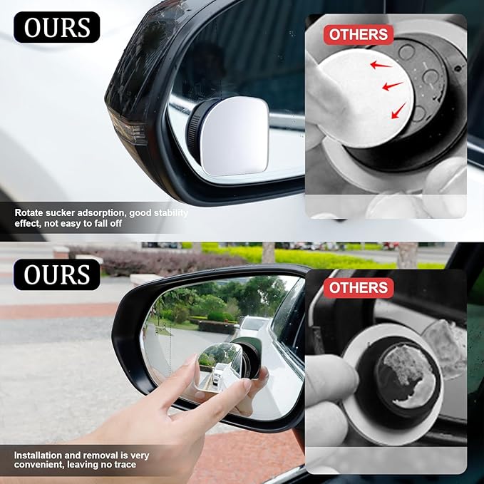 LivTee Blind Spot Car Mirror, Fan HD Glass Frameless Convex Side Mirror Blindspot, Reusable 360° Wide Angle Rear View Car Mirrors with Powerful Adjustable Suction Cup - Exterior Mirrors