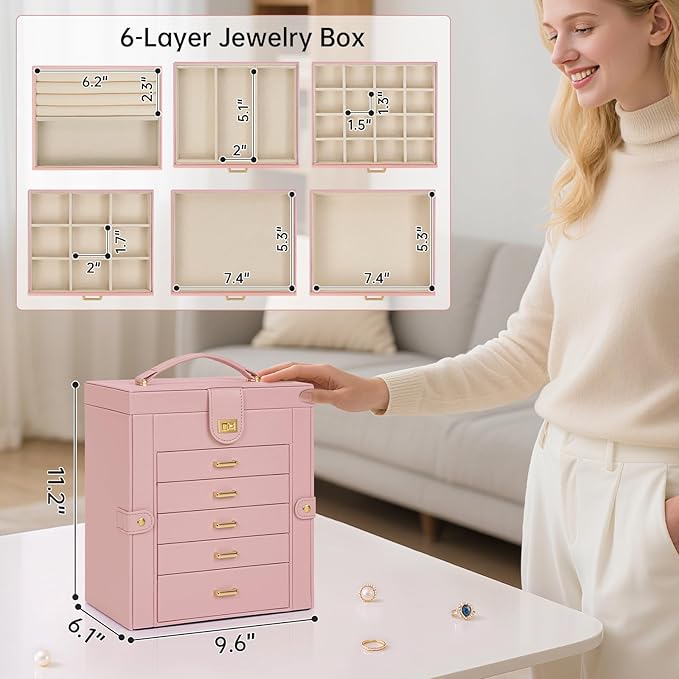 AKOZLIN 6-Tier Jewelry Box Organizer Functional 5 Drawers Leather Jewelry Storage Case for Women Girls Ring Necklace Earring 