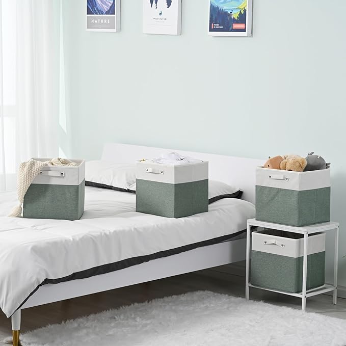 FinishingBo 13 x 13 Inch Fine Linen Storage Bins with Handles，Fabric Cube Boxs，Basket Organizers for Shelves for Home, Closet