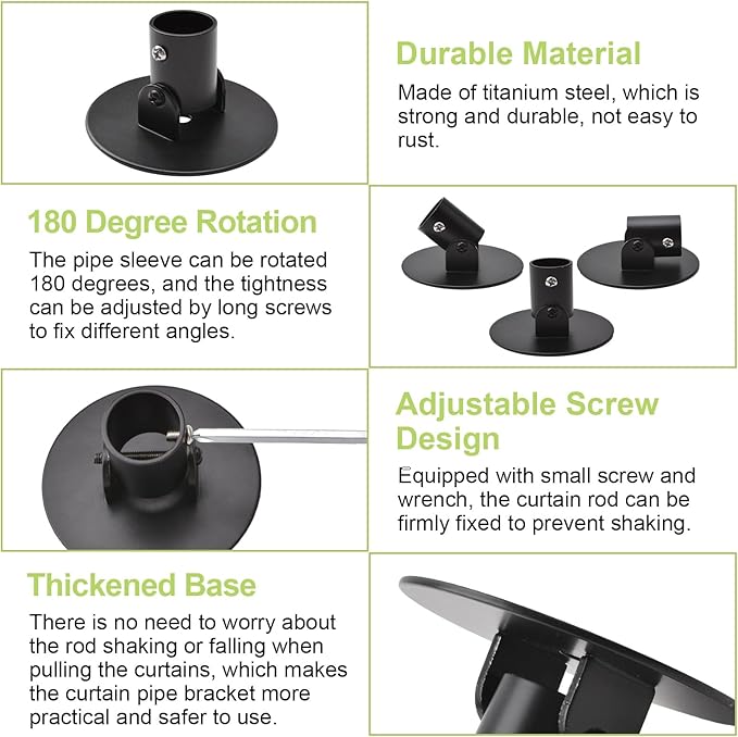 4pcs Shower Curtain Rod Bracket Black Flange Closet Rod Holder for Wall Mounting Titanium Steel Single Swivel Flange Rod Brac