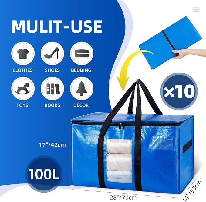 TAILI Extra Large Moving Bags, 10 Pack Blue Heavy Duty Totes for Storage with Visible Window, Wrap Around Handles, Storage Ba