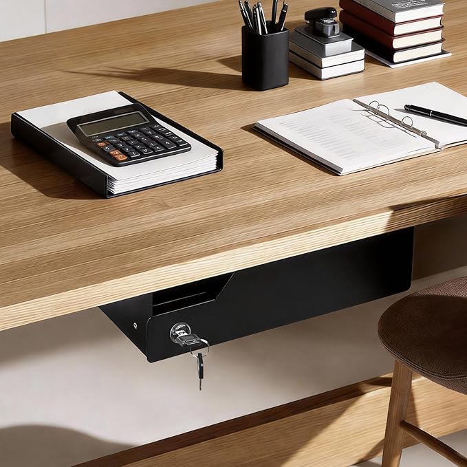 Under Desk Drawer Storage with Lock, 16"x11.8"x3.6", Metal Undermount Table Drawer, Ball Bearing Slides Out Tray Organizer fo