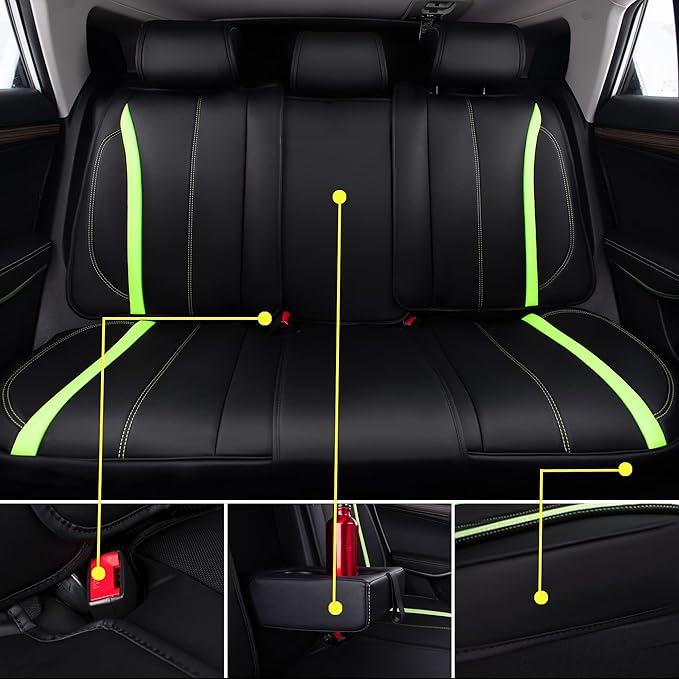 CAR PASS Fluorescent Green & Nappa Leather Seat Covers Full Set, with Backrest Cushion Protector Waist Protection Universal F
