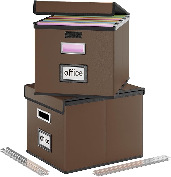 Huolewa File Organizer Boxes with Lids, Collapsible Faux Leather Hanging File Folder Box Organizer with Plastic Slide, Decora