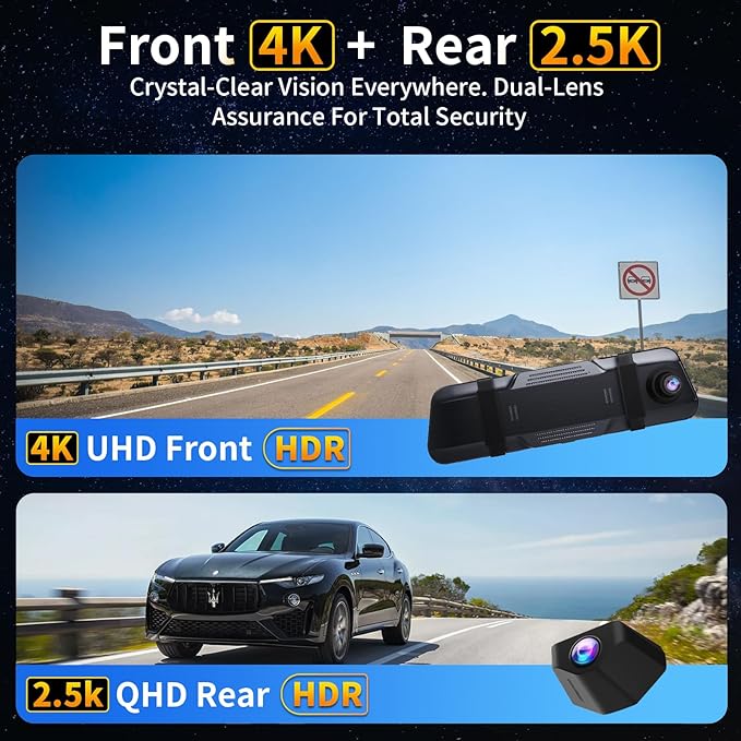 Mirror Dual Dash Camera with Voice Control,4K+2.5K Rear View Mirror Camera with 5.8GHz WiFi and APP Control, WDR Night Vision