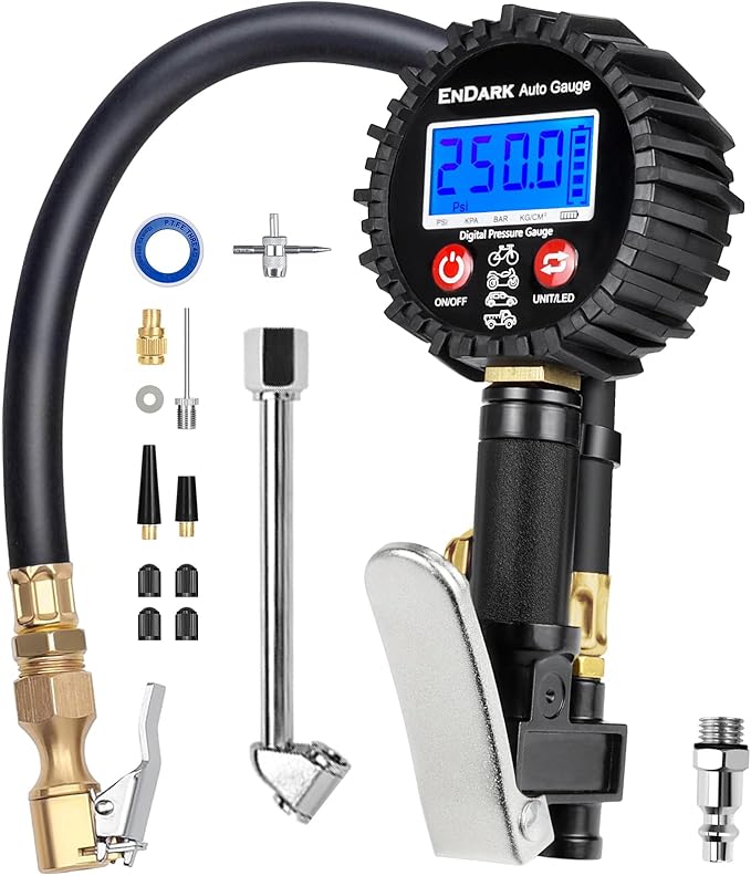 Digital Tire Pressure Gauge with Inflator: ENDARK 250 PSI Air Compressor Attachment Inflation Gun with Heavy Duty 360° Air Chuck & Extended Hose and Quick Connect Coupler