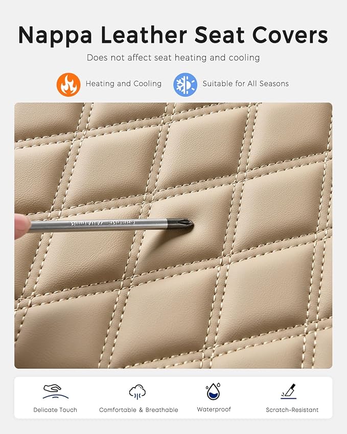 Huidasource Beige Seat Covers, Nappa Leather Car Seat Covers, Velcro Adjustable, Compatible with Airbags, Armrests, Child Sea
