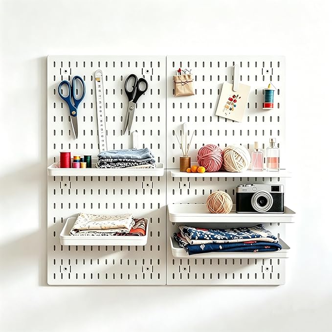 PSLER White Peg Board 4pcs 12″×12″ White Peg Board Organizer with Accessories &Hooks