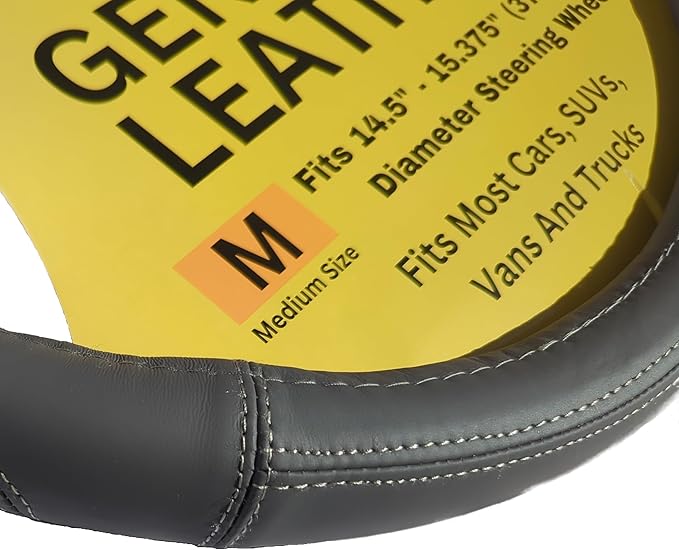 Steering Wheel Cover, Gray, Real Genuine Leather, 15 inch, for Men and Women, Universal, Stretch On, Heat Resistant, Stays Cool, Non-Slip, HANWOLF