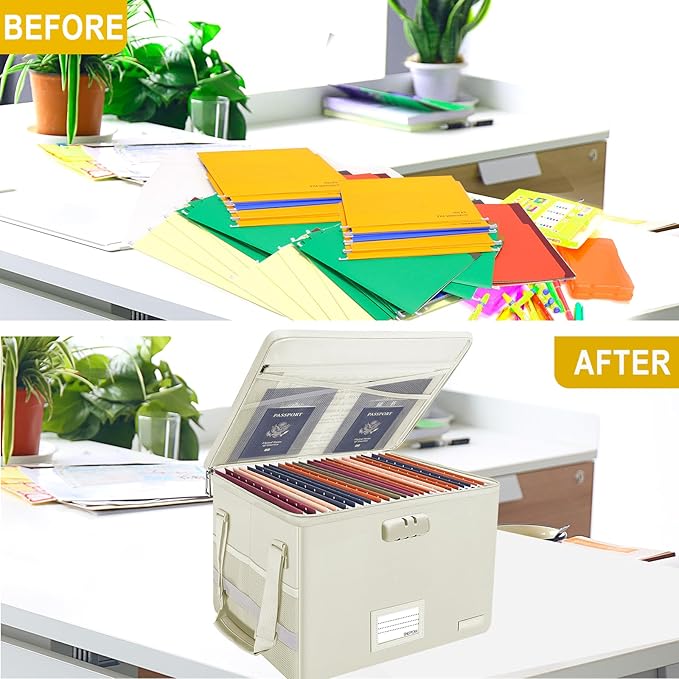 ENGPOW File Box with Lock, Fireproof Document Box with Zipper Lid, Collapsible File Storage Organizer Filing Cabinet with Han