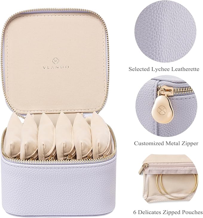 VLANDO Travel Jewelry Box Organizer – Portable PU Leather Jewelry Case with 6/8/12 Zippered Pouches, Compact Storage for Earr