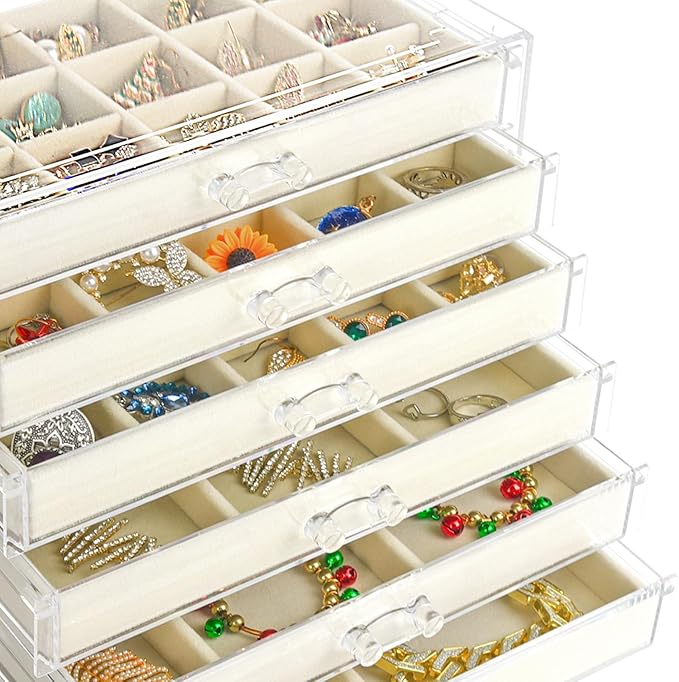 Watpot Acrylic Jewelry Box with 6 Drawers, Clear Earring Storage Organizer Display Case for Women Girls, Beige