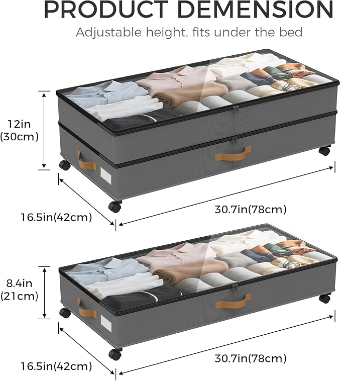 Under Bed Storage with Wheels 2-Pack, 75L XXL Under the Bed Storage Containers Large, 12" Tall Adjustable Storage for Underbe