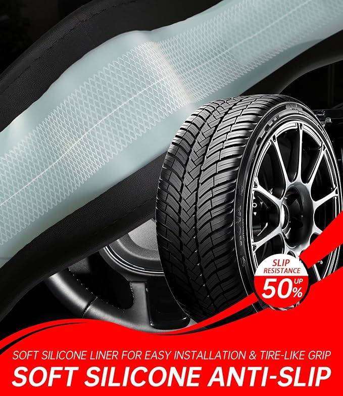 XCBYT Steering Wheel Cover - Red Leather Steering Wheel Wrap Great Grip with 3D Honeycomb Quick and Effortless Installation N