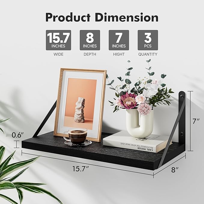 Floating Shelves for Wall, 15.7W x 8D Wide Bookshelf with Brackets Set of 3, Wood Wall Mounted Shelves for Living Room, Kitch