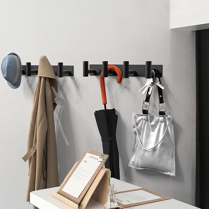 VAEHOLD 2PACK Hat and Coat Wall Mount Rack - 4 Hooks for Robes, Bags, Keys, and Towels - Bathroom Towel Hanger Organizer -Bla