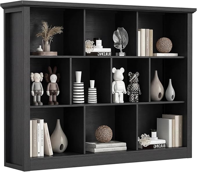 Unikito 10 Cube Storage Book Shelf - 50" Wide Wood Cube Storage Organizer, Wooden 3 Tiers Floor Standing Low Bookcase for Liv