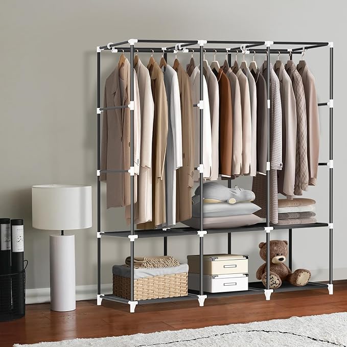 LOKEME Portable Closet, Portable Closets for Hanging Clothes with 3 Hanging Rods and 6 Storage Shelves and 4 Side Pockets, Bl
