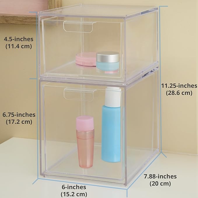 STORi Audrey Stackable Clear Bin Plastic Organizer Drawers | 2 Piece Set | Organize Cosmetics and Beauty Supplies on a Vanity