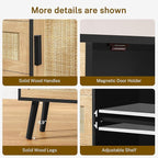 Iwell Storage Cabinet with Rattan Door & 3 Drawers, Rattan Cabinet with Adjustable Shelf, Sideboard Buffet Cabinets with Stor
