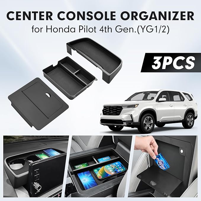 Autorder 3PCS Center Console Organizer for Honda Pilot 2023 2024 2025 2026 Accessories - Armrest Organizer Tray/Dashboard Storage Box/Hidden Storage Box - ABS Material