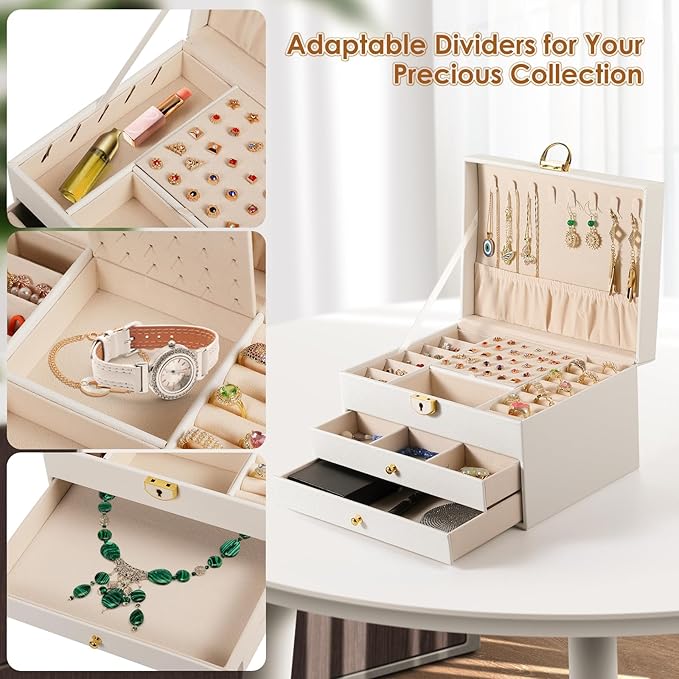coobest 3 Layer Jewelry Box, Lockable Jewelry Holder Organizer with Jewelry Drawer, Large Jewelry Boxes & Organizer with Velv