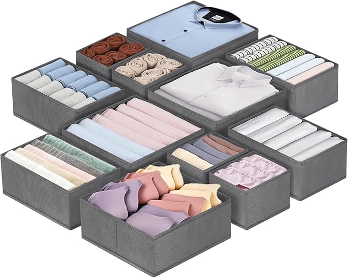 homyfort 12 Pack Dresser Drawer Organizers and Storage Bins for Clothing, Baby Clothes, Bra, Underwear, Socks (Grey)