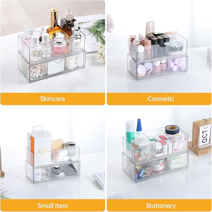PAVSTINE Medicine Cabinet Organizer 2 Pack, Stackable Storage Drawers with Removable Divider, Make Up Organizer for Bathroom 