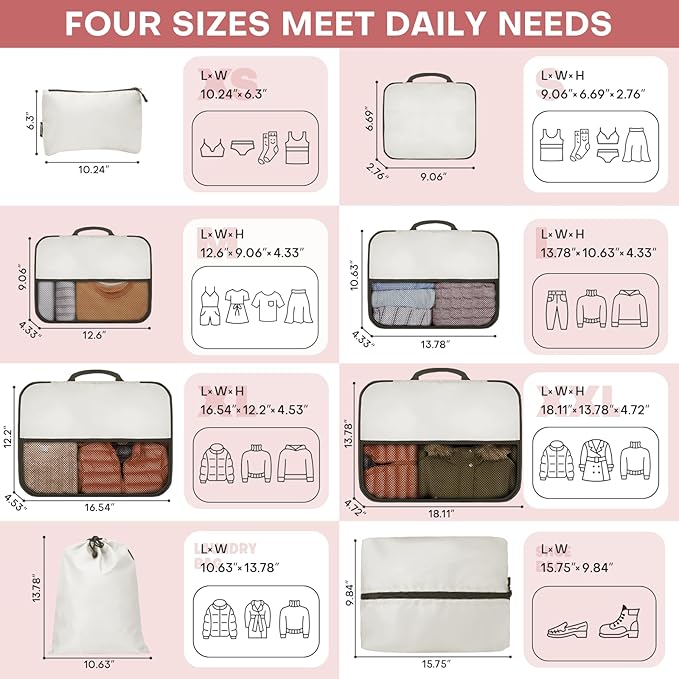 SDGFUI 8 PCS Compression Packing Cubes for Travel Women, Compression Bags Organizer for Luggage Space Saving Travel Essential
