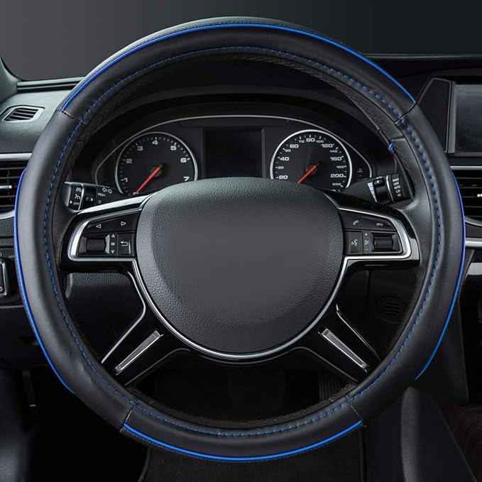Car Pass Colour Piping Leather Universal Fit Steering Wheel Cover,Perfectly fit for 14.5-15 inches Suvs, Vans, Trucks, Sedans