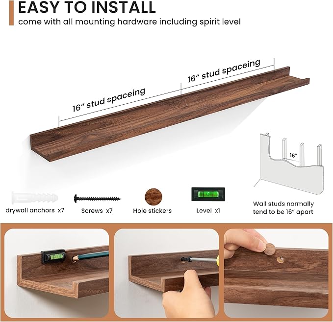 Fun Memories Picture Ledge Shelves Set of 2, 48 Inch Rustic Wall Mounted Floating Shelves with Lip for Home Storage and Décor