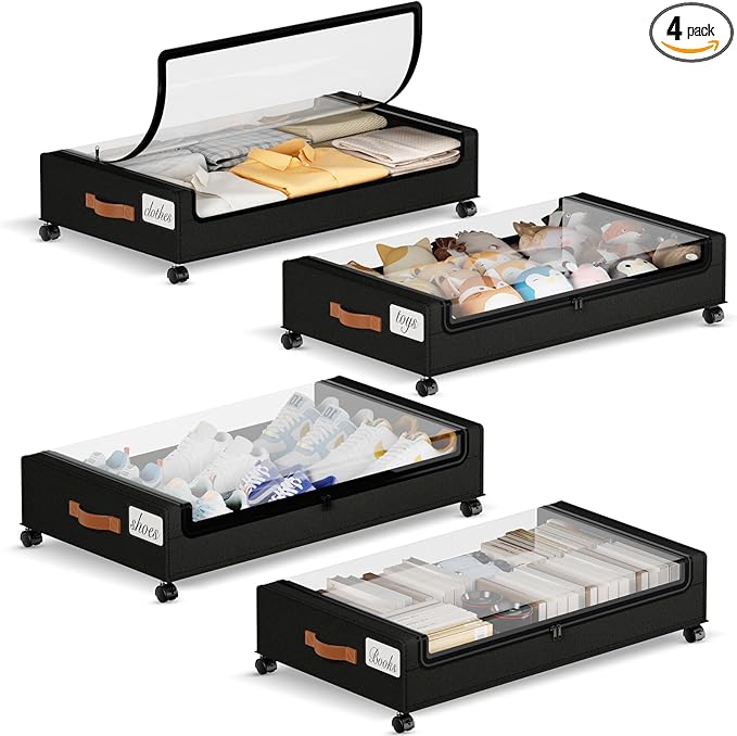 Yecaye Under Bed Storage with Wheels, 4 Pack Under the Bed Storage Containers with Lids & Label, XXL 60L Rolling Underbed Sto