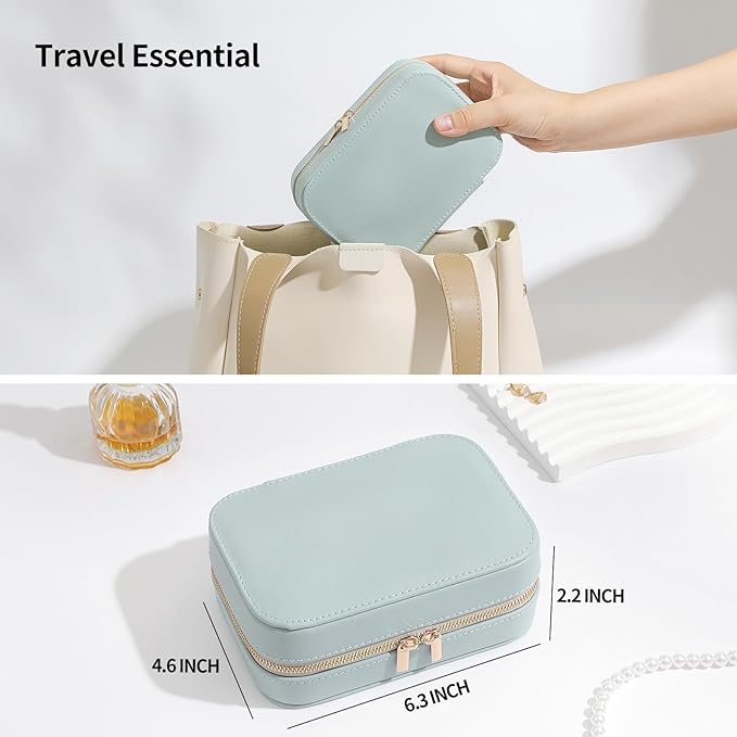 Genuine Leather Travel Jewelry Organizer Case with Mirror for Women, Small Mini Portable Jewelry Box for Ring Earrings Neckla