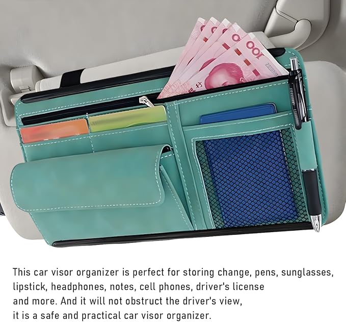 Car Sun Visor Organizer, Soft Leather Surface Eyeglasses Note Card Holder Car Storage Bag, Scratch-Resistant Waterproof Auto Sunshade Organizer Bag, Car Accessories (Blue)