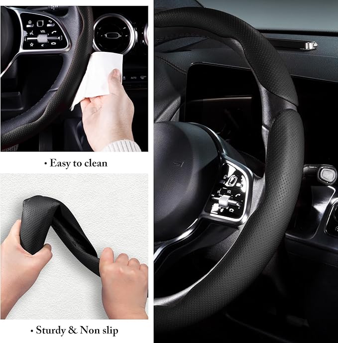 Car Steering Wheel Cover Leather Snap On 3Pcs Set Non-Slip Protector Wrap Steering Wheel Accessories 14.5-15 inch Universal B