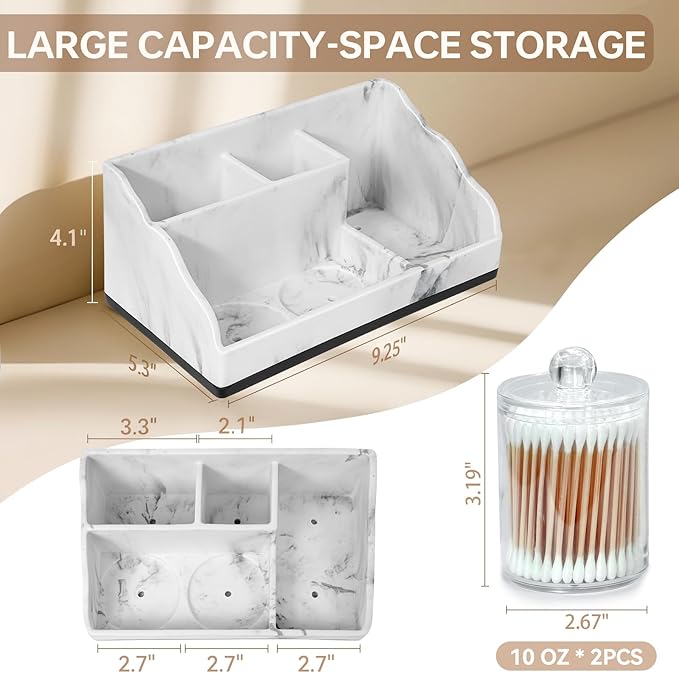 TuCao Marble Bathroom Countertop Organizer, Toothbrush Holders for Bathroom with 2PCS Qtip Holder Dispenser and Toothpaste Ho