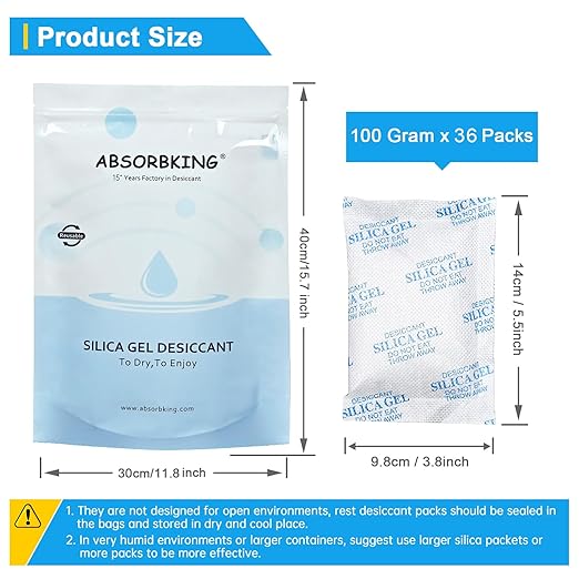 Moisture Absorbers - 100 Gram 36 Packs Silica Gel Packets, Desiccant Packs for Storage, Food Safe Desiccant for Foods, 3D