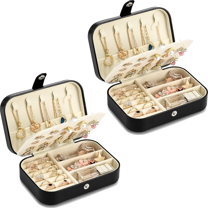 Travel Jewelry Box, PU leather Small Jewelry Organizer For Female Girls, double layer portable mini travel case for storing e