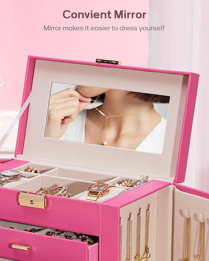 Homde Synthetic Leather Huge Jewelry Box Mirrored Watch Organizer Necklace Ring Earring Storage Lockable Gift Case (Pink + Go