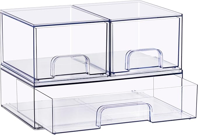 Sorbus Stackable Acrylic Storage Drawers – 2 Small + 1 Wide – 3 Pack Clear Plastic Organizer Bins for Baby Bottles, Makeup, B