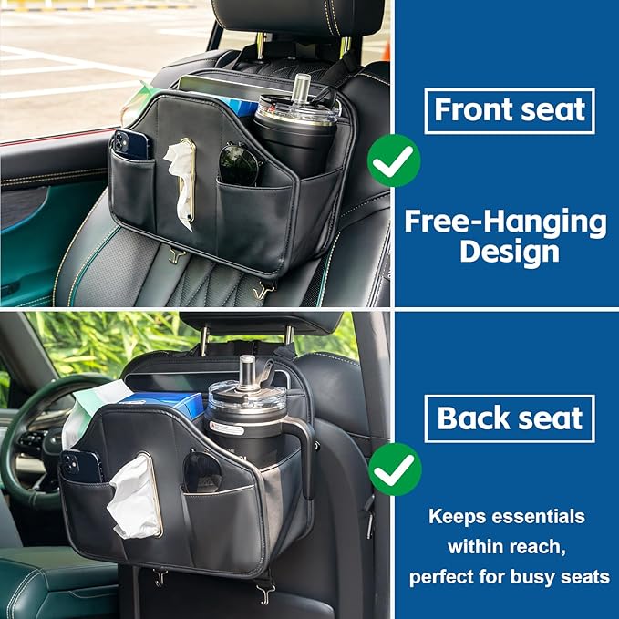 Multifunctional Car Tissue Holder,Back Seat Organizer with Cup Holder,PU Leather Car Headrest Seat Back Storage,Snack Organizers for Kids,Large Tissue Box Cover Fit Kleenex Tissues(50-230ct),2pack