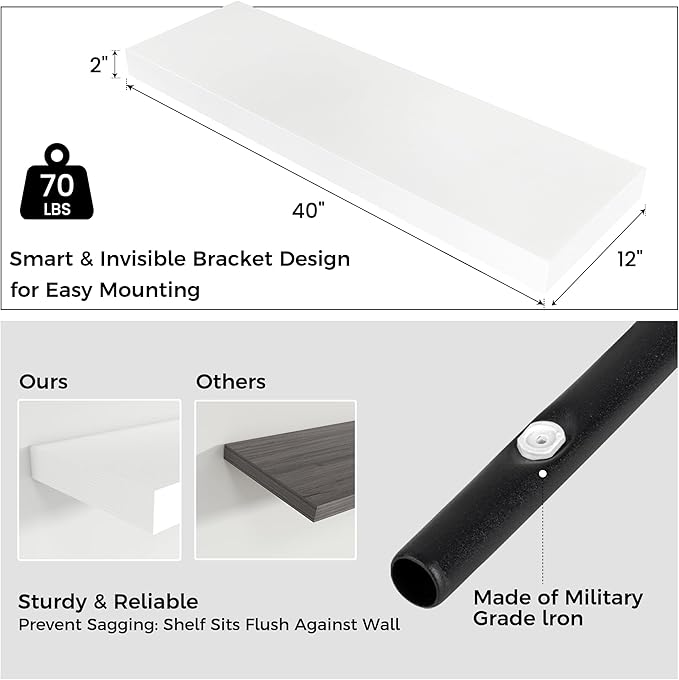 Floating Shelves for Wall, 40" W x 12" D x 2" H, 1 Pack of Long Wall Mounted Engineered Wood Shelves with Invisible Brackets 