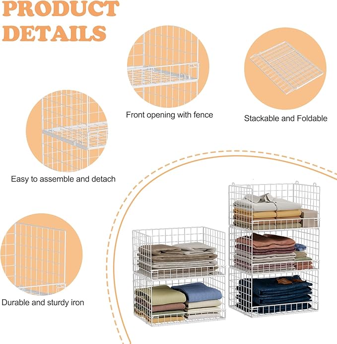Yociyoga 5-Tier Stackable Closet Organizers and Storage Basket - Foldable Closet Shelf Organizer System, Space-Saving Clothes