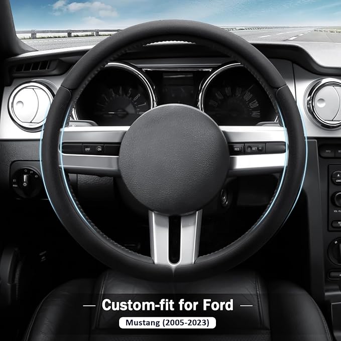 Leather Fiber Steering Wheel Cover for Ford Mustang 2005-2023, 3 Piece Clip on Set,Anti-Slip Segmented Design,Thin Car Interior Accessories,Car Steering Wheel Cover for Men Women(Black)