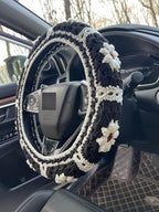 Daisy Crochet Steering Wheel Cover,Cute Seat Belt Cover,Women car Accessories (Black Steering Wheel Cover)