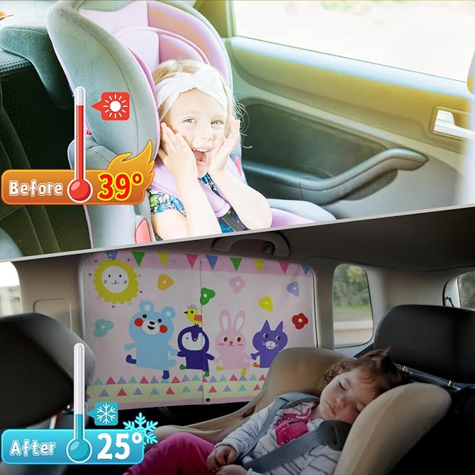 Car Window Shade for Baby, 2pcs Magnetic Auto Sun Shades for Side Windows Double Layer Full & Half Shade Options, Cute Patterns Car Window Curtains for Sun Glare Block