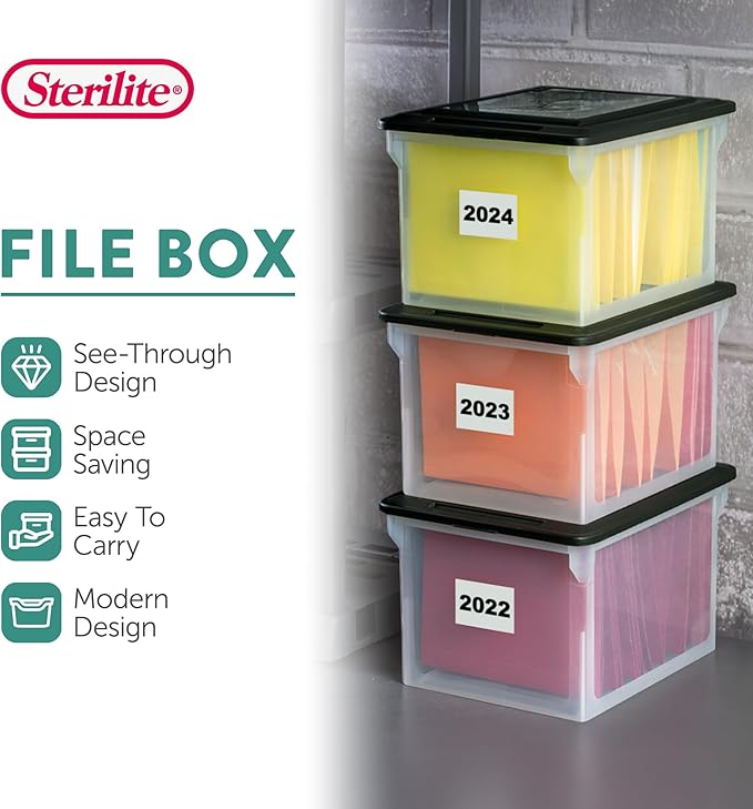 Sterilite File Box, Stackable Storage Bin with Lid, Organize Receipts, Bills, Taxes and Papers in the Home, Office, Clear Bas