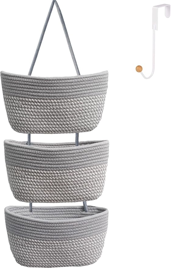 Over the Door Hanging Basket for Organizing 3 Tiers Woven Cotton Rope Wall Mount Storage basket Decorative Kitchen Hanging Or